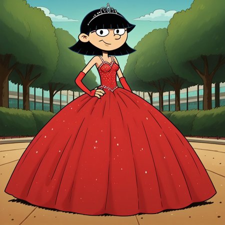 score_9_up,score_8_up,score_7_up,score_6_up,score_5_up,score_4_up BREAK rhonda,black hair, black eyes, bob cut, blunt bangs, Very large red floor length gown, ball gown, rhimestones. She is also wearing a tiara, hoop skirt, dome shape skirt, quinceanera, prom, pageant, long elbow length red fingerless Satin bridal gloves, contrapposto, hand on own hip, park, tree, building,smile,arm at side, leaning to the side, dutch angle, looking at viewer,    <lora:RhondaPony:1>