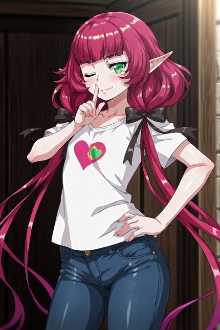 shiny skin, posing,
<lora:elfmori.il:1>,
elfmori,
nol, 
safe, general, solo, 
alternative costume, 
shirt, jeans, heart, one eye closed, shush,