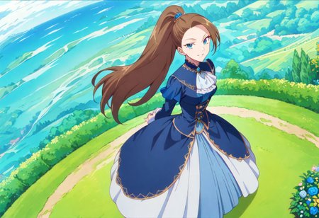 masterpiece, best quality,  1girl, outdoors, looking at viewer, solo, highres, brown hair, long hair, ponytail, blue eyes,
(Katarina Claes, wear blue original Victorian dress :1.0), dynamic pose, at beautiful garden , seductive smile,  detailed eyes,  best quality,  full body shot, landscape , 
dynamic Camera angle,