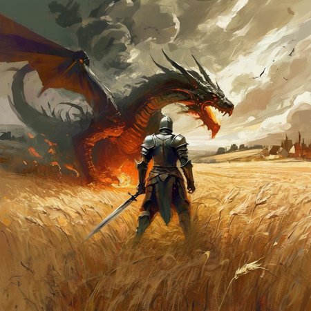 artmix06 a knight with a sword in a wheat field, in the background a mighty dragon and a burning village, expressive,  cinematic, very detailed<lora:artmix06:1>