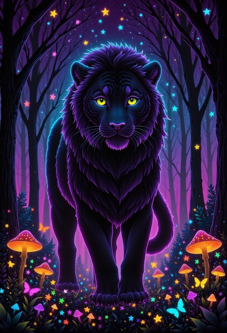 neon outline on black, neon colors, A majestic big cat, such as a lion or a tiger, standing in front of a backdrop of twisted trees and glowing mushrooms, its skin as pale as the moon and its eyes shining like lanterns in the dark, detailmaximizer