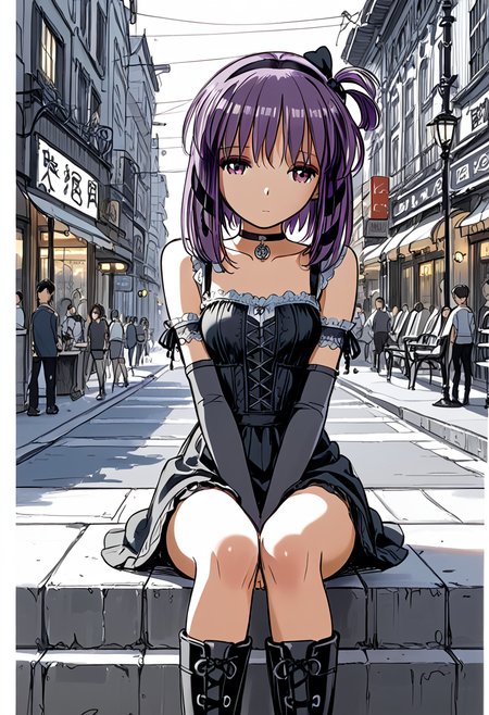 score_9,score_8_up,score_7_up,source_anime, high quality detailed, very aesthetic, 8K, 16K, high quality, best quality, detailed eyes, hand, beautiful hands, prefect hands, perfect anatomy, (1girl, looking away from viewer), Miho, sidelocks, purple hair, hair ribbons <lora:Miho_Tohya__Megatokyo:1>miho, choker, elbow gloves, fingerless gloves, gloves, greyscale, goth boots, sad expression, distant expression, sitting on street light , city, night, Japanese city, in sketchbook, (colored marker style:1.2), (sketch:1.4),