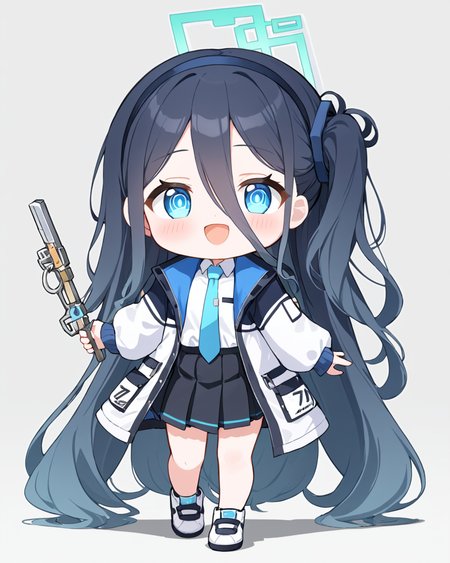 arisu \(blue archive\),1girl, solo, halo, blue_necktie, white_background, chibi, white_shirt, puffy_long_sleeves, black_skirt, pleated_skirt, full_body, open_jacket, collared_shirt, one_side_up, black_hairband, simple_background, :d, looking_at_viewer, white_jacket, standing, shoes, white_footwear, open_mouth, weapon_on_back, sleeves_past_wrists, blush
<lora:arisu_(blue_archive)_image2965_2023-11-25:1>halo. gorgeous,key visual, vibrant, studio anime,award-winning, professional, highly detailed,high budget, cinemascope