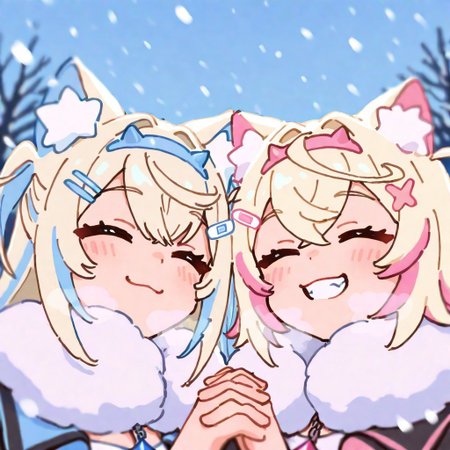 masterpiece, best quality, good quality, very awa, firedotinc, 2girls, multiple girls, fuwawa abyssgard, mococo abyssgard, hololive, virtual youtuber, sisters, fuwawa abyssgard (1st costume), mococo abyssgard (1st costume), alternate costume, winter, winter clothes, winter coat, holding hands, smile, ^ ^, light blush, portrait, scenery, snow, snowing, breath, depth of field, pastel colors, heisei retro, yume kawaii, <lora:ai_styles_collection_noob_vpred-1.0-v4.02:1>