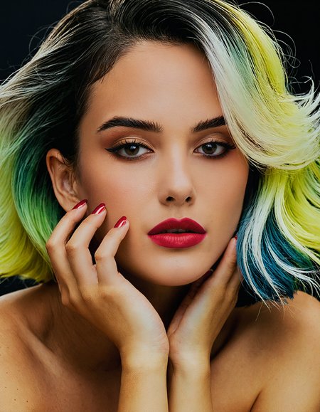masterpiece, best quality, 1girl, gradient hair, high contrast, photo \(medium\),  <lora:SDXLHighDetail_v5:1>, strapless, hand on own chin, parted lips,