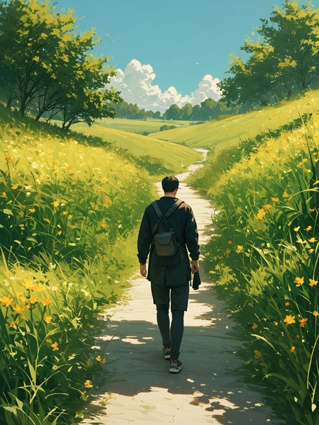 score_9, score_8_up, score_7_up, PDXL, <lora:sc3n3ryXLP:0.5>, <lora:TechwearV1:0.75> , techwear, dark clothing, full body, 
1girl and 1boy holding hands, walking on a path in the middle of a field, viewed from front