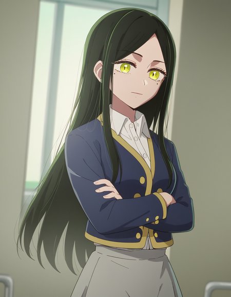 score_9, score_8_up, score_7_up, source_anime, <lora:frill-shiranui-s1s2-ponyxl-lora-nochekaiser:1>, frill shiranui, long hair, bangs, black hair, green eyes, yellow eyes, green hair, mole, mole under eye, mole under mouth, medium breasts,, shirt, jacket, white shirt, collared shirt, blue jacket, long sleeves, skirt, grey skirt,, hospital room, bedside, get well flowers, comforting, quiet, , , crossed arms, smug, solo,, cowboy shot, dutch angle,