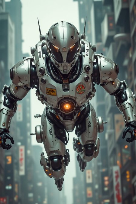 YFG-Sm0rg, YFG-Zaat, A street-level portrait of a chrome-armored courier captured mid-sprint across a vertical city faÃ§ade, his legs replaced with piston-charged kinetic blades slicing through the air. His jaw has been replaced by a voice-modulator grille, and data ports line the side of his neck like decorative studs. Sweat beads along his natural skin, meeting the cold sheen of his robotic clavicle. A faded band patch is welded into his chest plate, and a chipped sticker reads âI brake for no one.â Shot with a wide-angle lens mounted on a drone, distorting the perspective of gravity and speed. A blend of techwear realism and guerrilla street photography meets Akira-esque velocity.