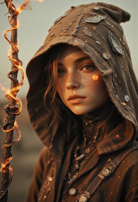 Extreme Face Closeup, FredFraiStyle, old grainy analog photo, bad image quality, heavy film grain, monochrome with low key color spots, Create an action scene featuring a intricately wired and mechanical robot wizard with Female head and Long hair in a broad outworn hooded cape shading her eyes, standing in the midst of an DARK desert forest. SHe is executing a powerful spell with her Long orb-staff with a translucent Amber Sphere head that carves a furrow through the sand and enemies on the ground, scattering them away or disintegrating them with the force of the blow. The focus is on the intricate designed luminous orbstaff of the robot in motion, showcasing the reddish blur of light that eye trails with the swift motion of the spell, capturing the dynamic speed of the Magic force. Pressure Wave, floating particles, the Closeup of her face silhouette visible against the backdrop of the setting sun, which shines through parts of her metallic body. Her billowing Linen cape adding to the dramatic effect. The scene is vibrant with atmospheric lighting and cinematic composition. Super Face Closeup