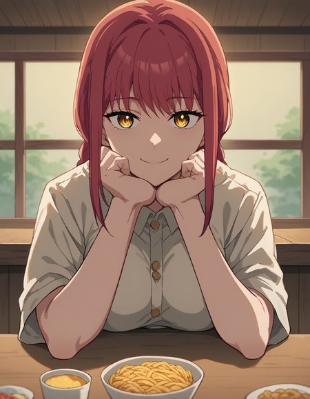 score_9, score_8_up, score_7_up, source_anime, <lora:chainsaw-man-makima-s1-ponyxl-lora-nochekaiser:1> makima, long hair, bangs, yellow eyes, braid, red hair, braided ponytail, ringed eyes, medium breasts,, <lora:pov-across-table-ponyxl-lora-nochekaiser:1> pov across table, pov dating, restaurant, table, meal, care, cup, head rest, smile, elbow on table, food, elbow rest, ,