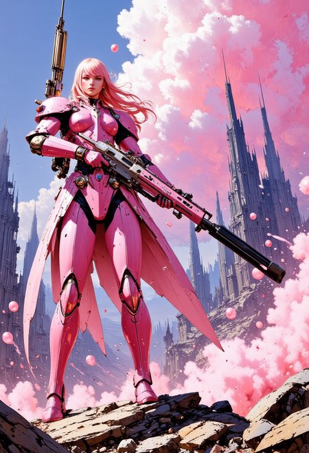 The image features a pink-haired, anime-inspired female woman dressed in futuristic, high-tech pink armor. She appears to be a warrior with pink hair. Her armor is predominantly pink with metallic details, including shin guards, knee pads, and a chest plate, giving her a bold, commanding appearance. as well as matching pink boots. The armor has small, detailed embellishments that resemble studs or bolts. she is holding a large, pink rifle that looks like a futuristic gun, and the overall style combines elements of sci-fi and fantasy. The background shows a cityscape with towering buildings, and there are pink floating balloons scattered in the sky behind her, creating a whimsical, surreal atmosphere. The scene has a vibrant and striking contrast between the tough armor and the soft, pastel tones in the sky and surrounding elements. Perfect hand. candy colors in the style of ckcf, MythR3tr0.