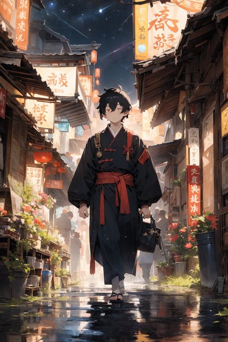 wide Shot,best quality,(masterpiece,ultra detailed 8k art,Thirties),[best hands:(best hands):10] ,focus 1boy,full body, flat chest,(kid,petite,China),Creepy,fantasy,half-closed eyes, red eyes ,(1 messy braid ,single braid:1.3),(Black long wear,A baggy kung fu wear,An oversized kung fu wear,An oversized sleeve,wide sleeve, An oversized Hem width flower pattern clothes) BREAK
black hair,  messy hair,center bangs only absurdly long and between eyes,very long center bangs hair between eyes with cut across face,center bangs cover eye BREAK
geta,red thin obii, A worn-out red bag, expressionless,Sloppy wear,dirty clothes,Drooping shoulders BREAK
bustling downtown,(stone stairs, red lantern:0.8),narrow alley,China,ater lilies,willow tree,wooden building,(rocky mountain:0.25) ,small bridge,pave,midnight,crowd,people,((night sky, mezzanine)),walking person
<lora:eye-nolight_03:0.2> <lora:background & distence control:-1.5> <lora:boldline:-0.2> <lora:flatBG:-0.3> <lora:gender_slider_v1:-2> <lora:zoom_slider_v1:-1> <lora:single_braid-1.0:0.5>