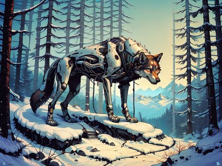 score_9, score_8_up, score_7_up, score_6_up,  <lora:cyb0rgXLP:0.8> cyb0rg, science fiction, cable, mechanical parts, forest, scenery, mountains, wolf, feral, snow