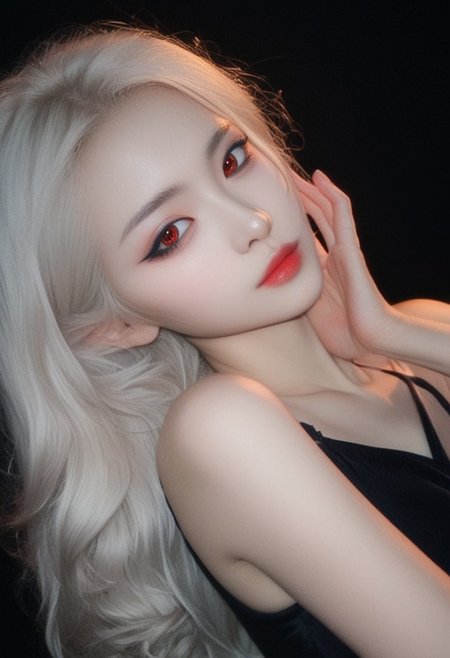 score_9, score_8_up, score_7_up, score_6_up, krgrl, korean girl, cute korean girl, photo, grainy, amateur, lowres, 2000s nostalgia, webcam photo, flash, 1girl, red eyes, black background, 1girl, dark, black bodysuit, suggestive pose, dynamic pose, moonlight, perfect female waist, halftone lighting, makeup, eyeliner, eyeshadow, mascara