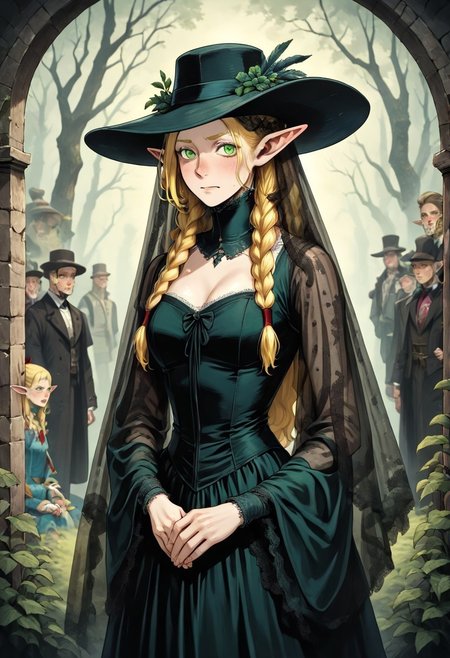 masterpiece, best quality, newest, absurdres, highres, FCMXV1.0, VGE-V1.0, goth fashion, victorian, solo, solo focus, female focus,

1girl, marcille_donato \(dungeon_meshi\), elf, pointy ears, green eyes, blonde, 



hat, round hat, veil, dress, formal,




