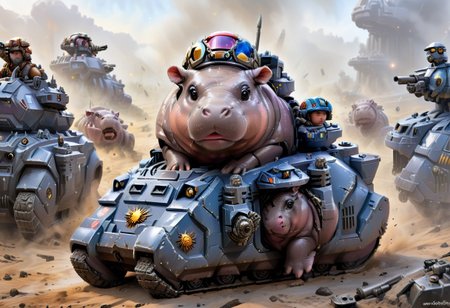 Moo Deng wearing space marine helmet riding tank on a battlefield, epic wars, moo deng, baby hippo, no humans, animal focus, masterpiece, very sharp, very detailed, detailed background