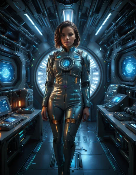 <lora:3ng1n3_r00m:1>,focus on woman,A highly detailed and cinematic depiction of a confident woman standing in the 3ng1n3 r00m of a futuristic spaceship. She is wearing a sleek and advanced space uniform, with a metallic sheen and intricate details like glowing blue energy lines running along the seams of her suit. Her uniform is form-fitting, with visible patches indicating her rank and position. She has short, neatly cut hair, a determined expression, and a calm yet commanding presence.
The engine room around her is illuminated by a mix of bright white and soft blue lights, reflecting off the polished metallic surfaces of the machinery. Massive, glowing energy cores pulse with light in the background, emitting a soft hum. Pipes, cables, and control panels surround her, each detailed with futuristic textures and glowing interfaces. The room feels alive with motion, as small holographic displays and robotic arms work automatically. The overall mood is futuristic, highly technological, and awe-inspiring, with sharp contrasts between the cold metallic surfaces and the warm light from the energy cores.
The image is rendered in a hyper-realistic and cinematic art style, with an emphasis on intricate details, dramatic lighting, and rich textures.<lora:SDXLFaeTastic2400:0.4> <lora:extremely_detailed:0.4> extremely detailed,, Masterpiece,best quality,hi res,8k,hi res,8k,award winning,(sharp focus, intricate, highly detailed),