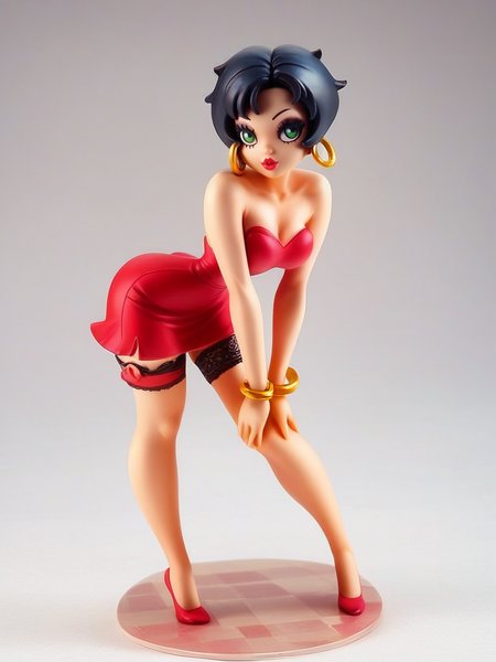 score_9, score_8_up, score_7_up, 1girl, hands on knees, leaning forward, sexy pose, full body, (dynamic pose:1.1), dynamic angle, simple background,,
 <lora:ABettyBoop_character:0.8>, BettyBoopXLP, black hair, short hair, green eyes, garter, makeup, lipstick, hoop earrings, short red dress, bracelet, strapless, narrow waist, wide hips, <lora:Anime_Figure_P1:0.8> figure
