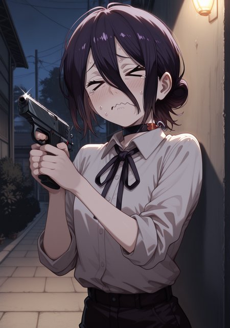 embedding:IllusP0s, JBPis, holding gun, > <, wavy mouth, reze_\(chainsaw_man\), scared, outdoors, night, solo,<lora:IL_Walther_PPK-000013.safetensors:1.0:1.0>
