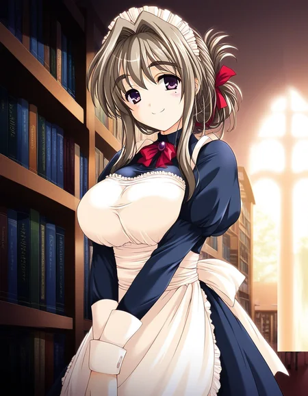 score_9, score_8_up, score_7_up, source_anime, rating_explicit, BREAK  <lora:Tomosato_Shiori_Ver2.0_XL:1> TomosatoShiori, brown hair, large breasts, purple eyes, hair intakes, hair ribbon, red ribbon, folded ponytail, solo,
 maid,   maid headdress, apron,  long sleeves, v arms, bookshelf, library, 
smile,
looking at viewer, 
cowboy_Shot,