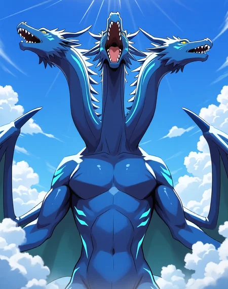 <lora:Grandora_(Shinzo)_(Illustrious)_(AD):1> Grandora, dragon, kaiju, Shinzo, 
exterior, anime fantasy, anime science fiction, vivid anime blue sky with detailed fluffy clouds, solo, 
dynamic action, villain, monster, dragon wings, no humans, glossy scaly body, solid yellow eyes, large rounded lower body, 
((
three heads and necks, 
)), 
BREAK: very awe, aesthetically pleasing, masterpiece, best quality, amazing quality, very aesthetic, perfect depth of field shot, furry_art, source_furry, 
BREAK: lazympos, lazypos (3),