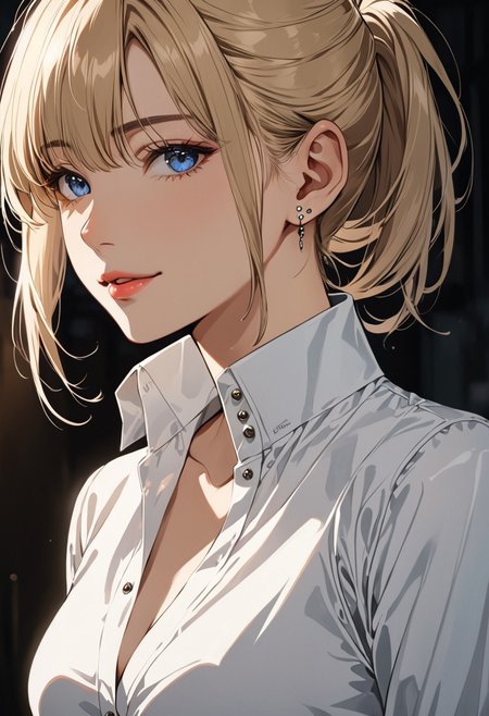 (anime, masterpiece, intricate:1.3), (best quality, hires textures, high detail:1.2), (4k),(incredibly detailed:1.4), perfect anatomy, correct sense of scale, side lighting, feminine body, shiny skin, graceful face, constricted waist, nice body, lips, Sexy mouth, high pointed nose, (nostrils:1.3), neatly drawn nose, 1woman, charming smile, gorgeous lips, blue eyes,  blonde hair, ponytail, side bangs, medium breasts, ((piercing, two holes at the bottom of the ear, one at the top)) (best illumination, an extremely delicate and beautiful) 8k wallpaper, masterpiece, best quality, ultra-detailed, best shadow, volumetric lighting), (beautiful detailed face, beautiful detailed eyes) ,extreme details eyes, shiny skin, full body, ear piercing
intense stare, sharp and defined facial features, high cheekbones; full red lips; pale skin, wide hips, toned thighs; black dress, deep v-neck cleavage, office brothel, dim lighting