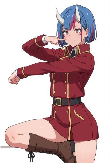 Smooth Quality,masterpiece,very intricate, high quality details, ultra realistic, high detailed skin,detailed enviorement,absurdres,
simple background, white background, 
,fingersmile,stretching, one arm raised, other on hip, slight side bend, relaxed body,  ,
 <lora:Gobwa_cnn:0.8>gobwacnn,1girl, short hair,blue hair, multicolored hair, facial mark, streaked hair,white horns, brown eyes,
shirt,red jacket, red coat, black belt, double-breasted, boots,