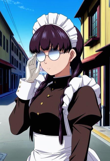 masterpiece, best quality, anime screenshot, anime, 1girl, solo, <lora:Roberta [Illustrious] Black Lagoon:1>, RTE, black hair, twin braids, round eyewear, maid headdress, maid, black dress, long sleeves, juliet sleeves, maid apron, white gloves, outdoors, window, street, city, expressionless, adjusting eyewear, blue sky, opaque glasses,