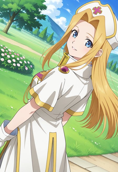 village, trees, clouds, day, flowers,
BREAK,
light smile, parted lips, looking back, looking at viewer, 
cowboy shot, dynamic angle, from behind,
BREAK,
<lora:minti_illustriousXL_v04:0.95>
mintbase, blonde hair, long hair, blue eyes, parted bangs, white cap, white headwear, 
white dress, short sleeves, white gloves, priestess, cleric, white robe, gold trim, high collar, 
white footwear, white shoes,, source_anime, very aesthetic, anime coloring, masterpiece, 
best quality, amazing quality, ultra detailed, very aesthetic, 
detailed background, 
BREAK,