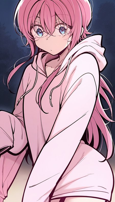 <lora:yushanshan:1>,yushanshan,1girl,long hair,pink hair,hair between eyes,blue eyes,pink hoodie, sleeves past wrists, long sleeves,, masterpiece,best quality,amazing quality,anime screenshot,