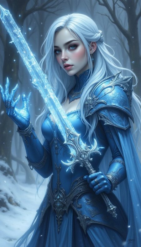 A high-quality digital artwork in the style of pinkdarkcanvas, 
A woman with icy blue armor, holding a sword made of pure ice. Her breath turns to mist as snowflakes swirl around her.