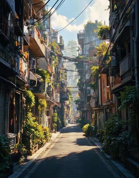 <lora:City_Worlds_01_v1_Roads_flux:1>  citybkg, cyberpunk, evening, sun shades, very detailed, very narrow street, futuristic, ground view, houses, vegetation,