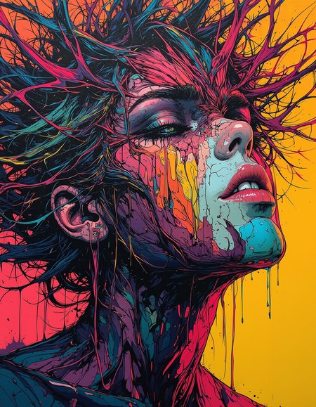 a bizarre painting featuring splashing colorful lines over top of a womans face 
