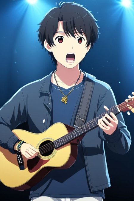high resolution, solo, best quality, 1Boy, Portrait, Inaho Kaizuka, Black Hair, singing, portrait, dept of field, virtual concert, playing musical instrument, necklace, bracelet, sneakers,