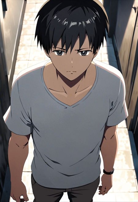 Highres, Masterpiece, High Quality, 4K, 8K, solo, 1Boy, Takaki Toono, adult, black hair, short hair, standing, straight facing upwards, casual, seen from above, arrogant face, dominant, intimidate, easynegative, detailed_eye_model