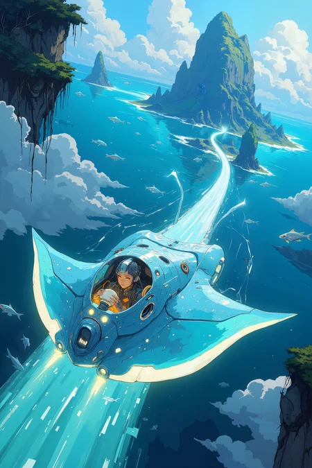 An enormous, manta ray-shaped vehicle soars effortlessly along a road made of glowing, suspended water that flows through the sky like a ribbon. The vehicleâs smooth, metallic surface glistens with droplets of condensation, and its underside glows with a soft, azure light that matches the shimmering road below. The water road twists and curves through the clouds, its edges spilling into the endless sky as if defying gravity itself. Above and below, massive, floating islands covered in lush vegetation drift silently, their roots hanging like tendrils into the void. Inside the vehicleâs glass cockpit, a pilot with skin that sparkles like quartz and eyes that glow like molten gold grips a control sphere, guiding the manta ray with precision. Schools of glowing, spectral fish swim alongside the vehicle, their translucent forms leaving faint trails of light in the air. The scene is tranquil yet surreal, a journey through a world where water and air blend seamlessly into one. , detailed background  Fantastic lighting. Detailed shadows.intricate details, vivid colors, hyper-detailed, ultra-sharp, High resolution, high detail. Highly detailed. ,  DB4RZ, DB4RZ style painting, NeoPigma, in the style of cksc, anime, cyberpunk, a masterpiece, award winning,<lora:CPA:0.5><lora:FLUX-daubrez-DB4RZ:0.3><lora:NeoPigmaV3:0.35><lora:ck-shadow-circuit-000021:0.35>