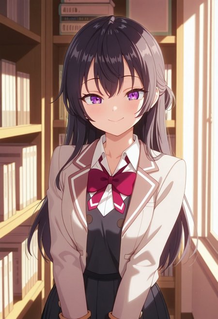 masterpiece,best quality,amazing quality,
, yuki suou, long hair, black hair, purple eyes, 1girl, solo, school uniform, smile, bookshelf, bow, red bow, jacket, shirt, bowtie, indoors, collared shirt