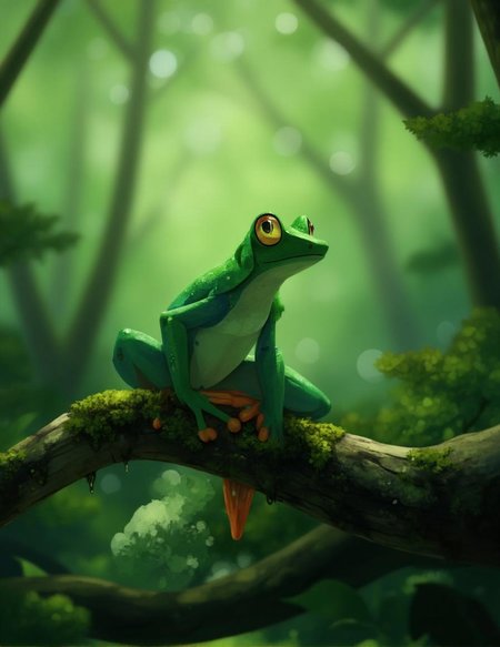 <lora:ck-LttleGhost-000011.safetensors:1> in the style of ck-lttlegh0stA vibrant green frog sits atop a lichen-covered branch, set against a dreamy bokeh background of a misty forest glade. The frog's emerald skin glistens with dew and life, while its expressive eye seems to hold the essence of the forest. Soft lighting casts a gentle glow over the scene, creating a serene and tranquil atmosphere.