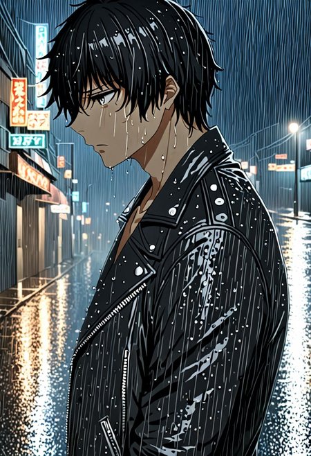 high resolution, solo, best quality, 1Boy, Seiya Kanie, black hair, short hair, thin, heavy rain, night, looking down, sad, leather jacket, looking away, wet, wet hair, OverallDetail