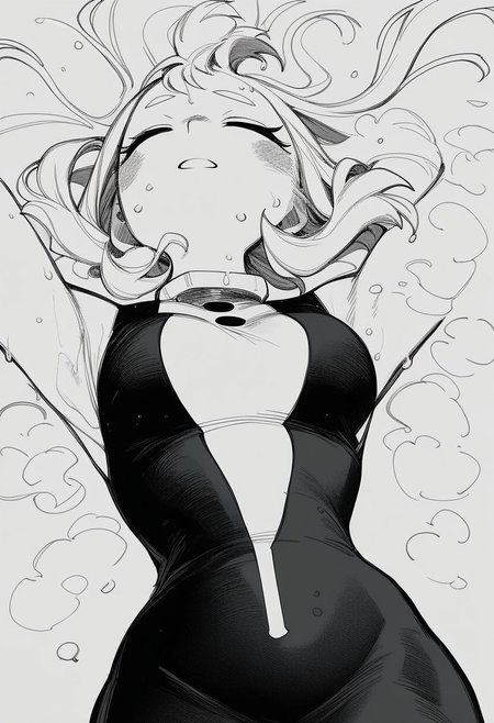 flatshinyskin, score_9, score_8_up, score_7_up , 1girl, 1girl, mosaic censoring, slight seductive pose,, medium breasts, sweating, breasts,, long skirt, 1girl, solo focus, Upper body, hands behind, wet, sweaty, sweating, steam, lying on back, low angle, under boobs, 
ochako_uraraka, 1girl, score_9, score_8_up, score_7_up, Monochrome,  MANGASTYLE ,bodysuit, solo focus, perfect body, curvey, thick waist, thick body, skin tight dress, , front view, front focus,
 ((facing up, looking upwards)), arched back, leaning backwards