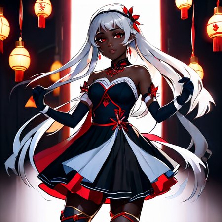 1girl, 3d, black background, cinematic lighting, dark skin, dress, fingerless gloves, genshin_mualani, gloves, hair ornament, long hair,  red eyes, sandals, simple background, skirt, solo, white gloves, white hair <lora:aidma-Image Upgrader-v0.1:1>  perfect hands <lora:MHXL_Scrantelly_Slimjane:1> <lora:gl0w1ngR3(1)Civit:1>
