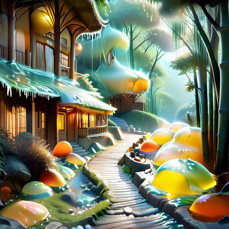 dog running down a bamboo path, dog made out of slime, detailed dog, 
detailed scenery, scenery made out of slime, bamboo made out of slime, green slime bamboo, brown slime wicker fence, brown slime pagoda, red slime brick path, 
BambooforP, background, bamboo forest, path,
everything made of slime, No simple background,
((translucent slime)), ((transparent slime)), (bioluminescent slime), sl1m3, slime, ais-blmn, watce, je11y, thickwater, great lighting, ral-lava, even lighting, no bright spots,