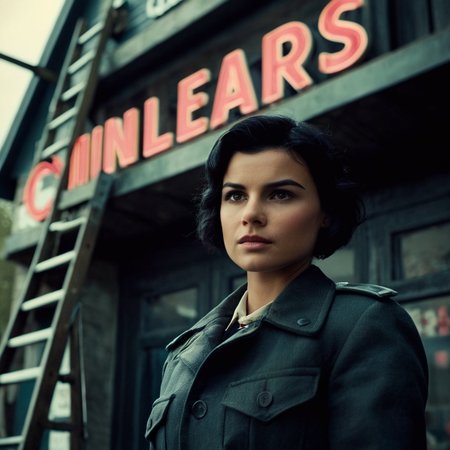 cinematic film still of <lora:detailed:0.2> 
<lora:perfection style:0.2>
<lora:Ron Fricke style:0.1>
 <lora:Inglourious Basterds film style:0.9>
a woman on a ladder in front of a cinema building,solo,short hair,black hair,1boy,jacket,male focus,english text , 1940's, Inglourious Basterds film style, shallow depth of field, vignette, highly detailed, high budget, bokeh, cinemascope, moody, epic, gorgeous, film grain, grainy