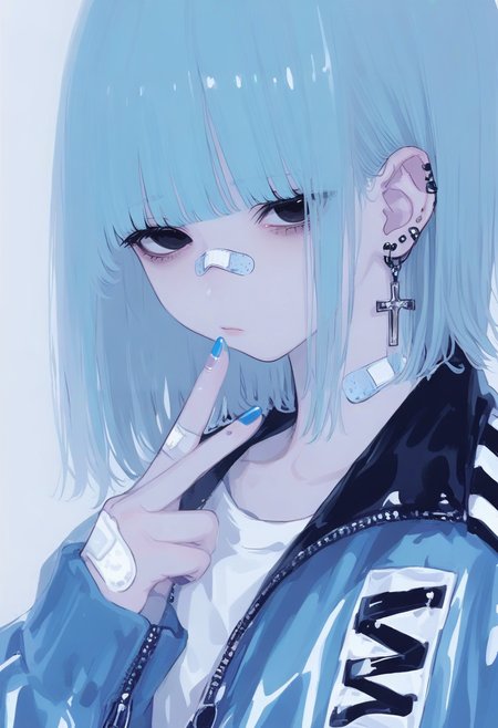 1girl, solo, jewelry, earrings, cross, jacket, cross earrings, ear piercing, blue hair, piercing, bangs, bandaid, upper body, sleeves past wrists, simple background, blue nails, medium hair, nail polish, looking at viewer, long sleeves, black eyes, closed mouth, shirt, blue jacket, hand up, white shirt, bandaid on face, zipper, blunt bangs, blue theme <lora:748cmXL_NB11_lokr_V6311P:0.95>