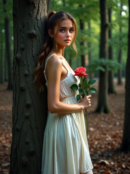 cinematic film still a woman in a dress standing next to a tree in the woods with a green plant growing on it, Elina Karimova, enchanting, a photorealistic painting, romanticism <lora:add-detail-xl:.4> <lora:Flux-style-xl-lora:.5> . shallow depth of field, vignette, highly detailed, high budget, bokeh, cinemascope, moody, epic, gorgeous, film grain, grainy