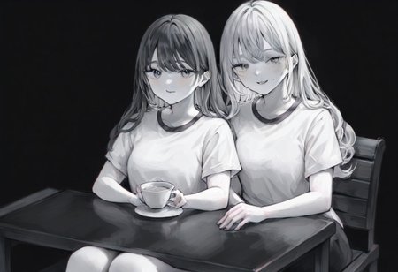 monochrome,tint,limited palette,black background,masterpiece,best quality,amazing quality,very aesthetic,absurdres,newest, happy, sitting on a bench chair, tea table, smirking, wearing t-shirt, holding teacup