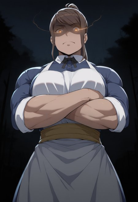 masterpiece, best quality, newest, dark, night, outdoors, 1girl, solo, m1g0, brown hair, long hair, high ponytail, swept bangs, sidelocks, brown eyes, muscular female, white collar, white apron, black ribbon, blue collared dress, sleeves rolled up, yellow sash, glowing eyes, shaded face, disgus, eye trail, light trail, from below, looking at viewer, crossed arms,  <lora:Mia Grand:1>