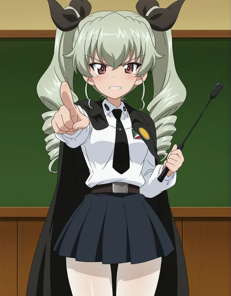 masterpiece, best quality, absurdres, highres,    <lora:anchovy illu:0.9> anchovyillu, black necktie, dress shirt, belt, anzio school uniform, pleated skirt, pantyhose, emblem,  classroom, standing, riding crop, black cape, angry, pointing looking at viewer, girls und panzer, anime screenshot,
