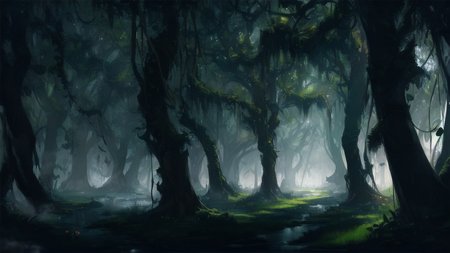 extreme long shot, dark, haunted swamp, lost inside a bog, (heavy fog:1.4), towering plants, tight vegetation, spanish moss, (vines:1.1), tall trees, forest floor, (low light:1.3), deep shadows, high contrast, red eyes in the distance, cramped, claustrophobia, thick tree trunks, solo enchanted flower in clearing, vines in the foreground, tall swamp grass, fanlan, <lora:FantasyLandscape:.6>,  <lora:epi_noiseoffset2:.4>, art by evan cagle and greg rutkowski,