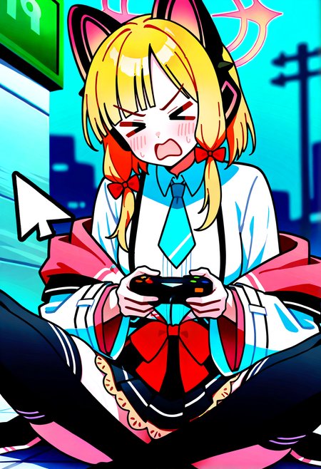 very awa, masterpiece, best quality, year 2024, newest, highres, absurdres, <lora:age_slider_v4:3> <lora:thicc_v1.4-pony:1.2>,detailed_background,outdoors,v-shaped eyebrows,cursor,solo,hair bow,miniskirt,headphones,indian style,skirt,wide sleeves,sitting,long sleeves,open mouth,pulled by cursor,pink halo,holding controller,medium hair,blunt bangs,necktie,gamepad,blonde hair,feet out of frame,school uniform,game controller,controller,black thighhighs,sweatdrop,holding,short necktie,cat ears,highres,> <,jacket partially removed,jacket,bow,white shirt,shirt,zettai ryouiki,collared shirt,1girl,momoi \(blue archive\),blue necktie,black skirt,blue archive,thighhighs,animal ears,red bow,halo,animal ear headphones,holding game controller,sidelocks,white jacket,uranium10,blush,fake animal ears,:3